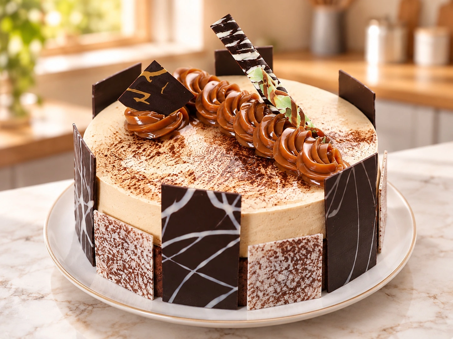 Torta completa decorada con figuras de chocolate Prindal en una cocina cálida
