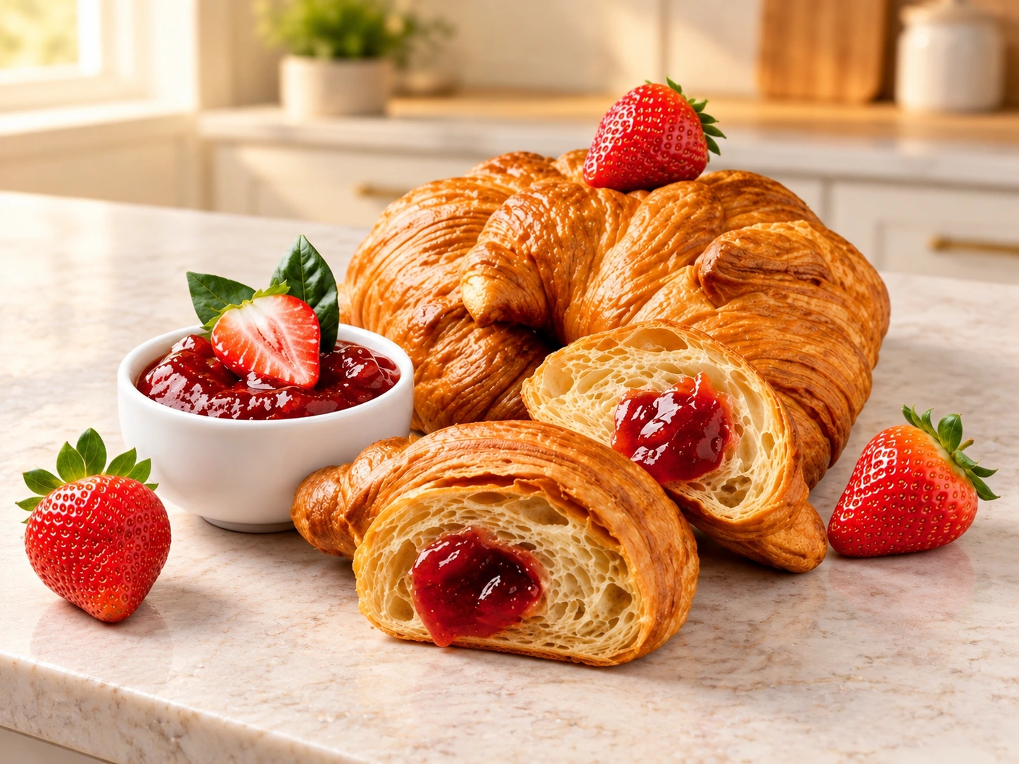 Croissant Dulce - Salado · fotografía ambientada en cocina cálida