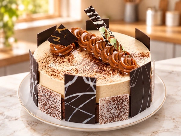 Torta completa decorada con figuras de chocolate Prindal en una cocina cálida